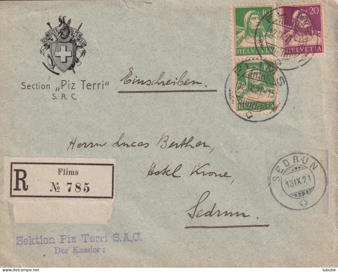 R Brief  "SAC, Section Piz Terri, Flims" - Sedrun        1921 - Storia Postale