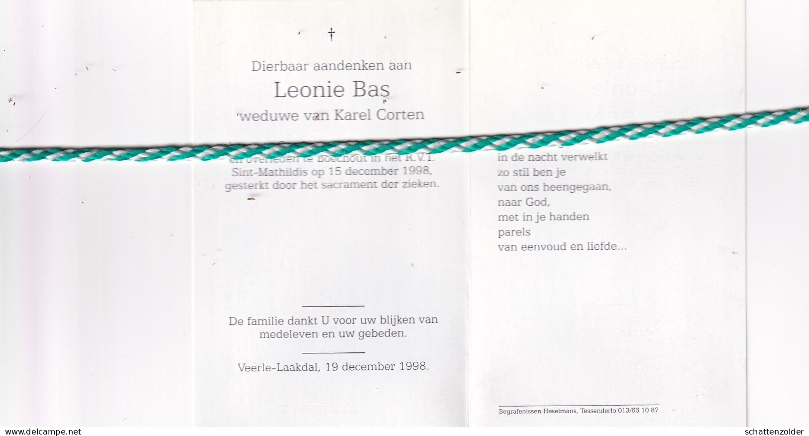 Leonie Bas-Corten, Oostham 1897, Boechout 1998. Foto - Décès
