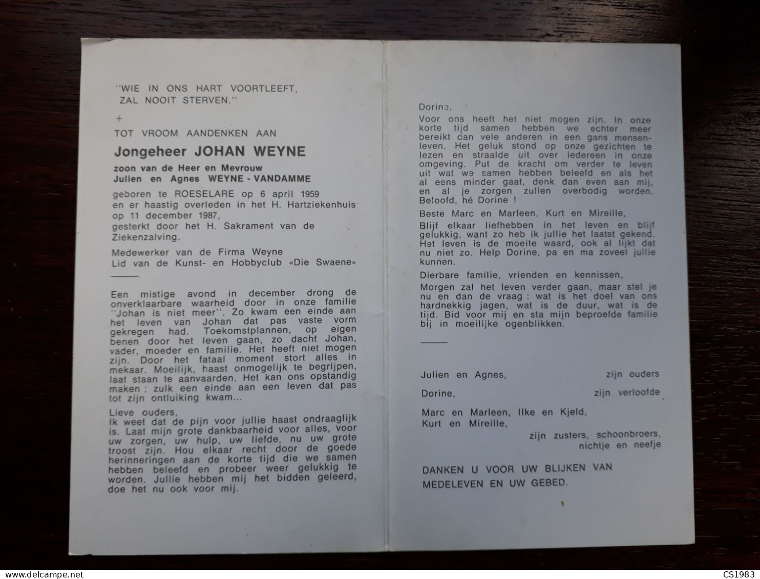 Johan Weyne ° Roeselare 1959 + Roeselare 1987 (Fam: Vandamme) - Obituary Notices