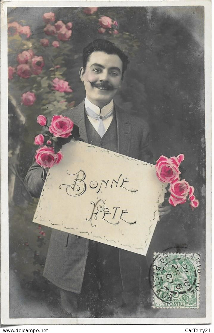 CARTE BONNE FÊTE. HOMME AVEC BELLE MOUSTACHE, ROSES. 1907. - Sonstige & Ohne Zuordnung