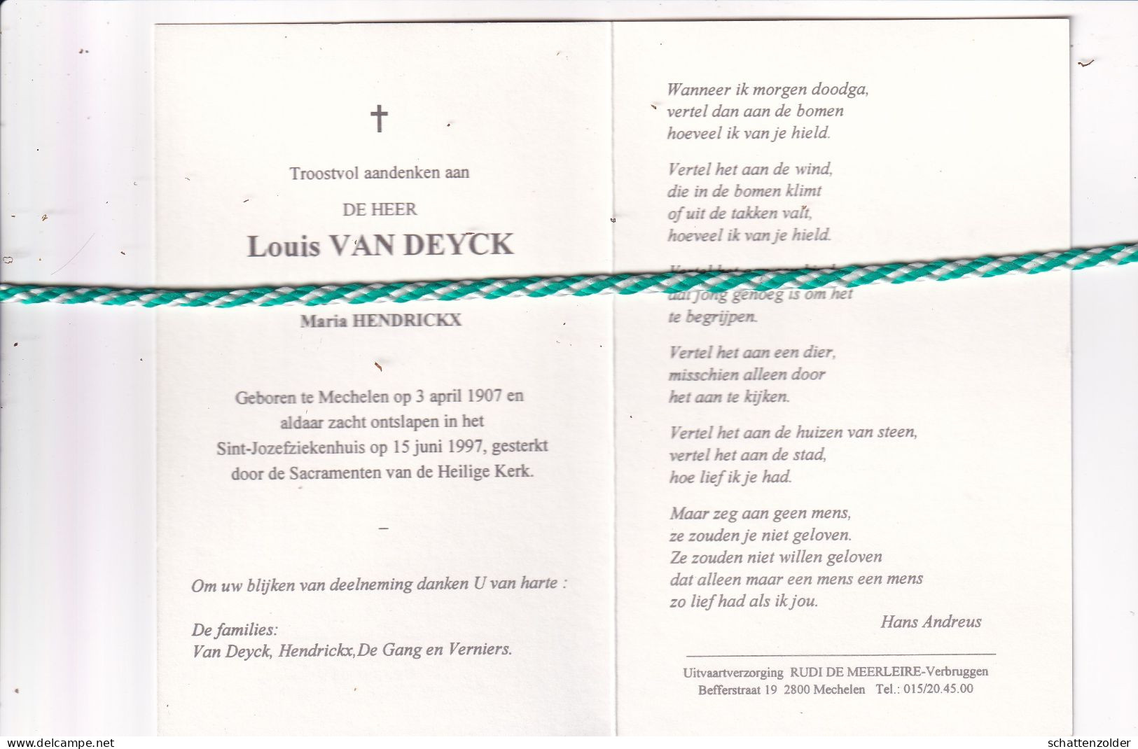 Louis Van Deyck-Hendrickx, Mechelen 1907, 1997. Foto Muzikant - Obituary Notices