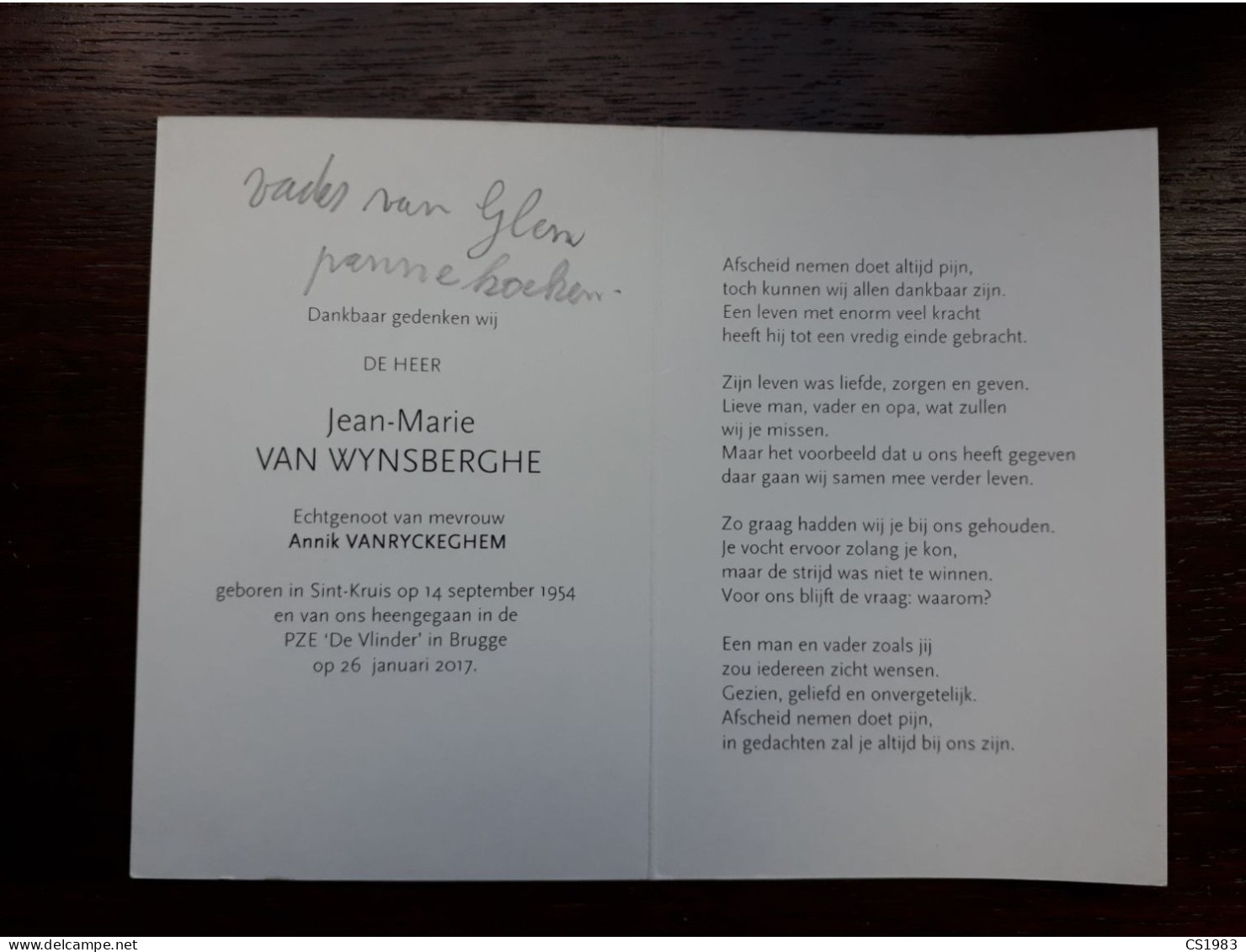 Jean-Marie Van Wynsberghe ° Sint-Kruis 1954 + Brugge 2017 X Annik Vanryckeghem (Fam: D'Hooghe - De Klerck - Beelprez) - Obituary Notices