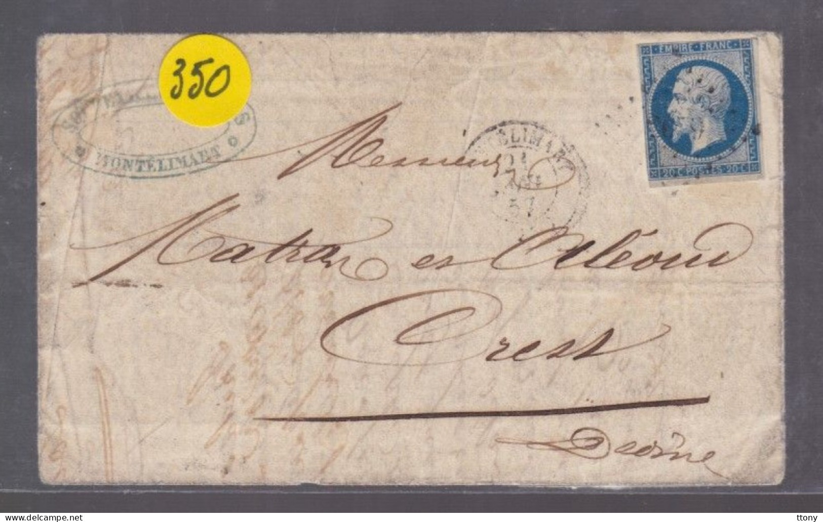 Un  Timbre  Napoléon III N° 14     20 C Bleu  Lettre  Cachet  Montélimar 1857    Destination   Brest - 1853-1860 Napoléon III