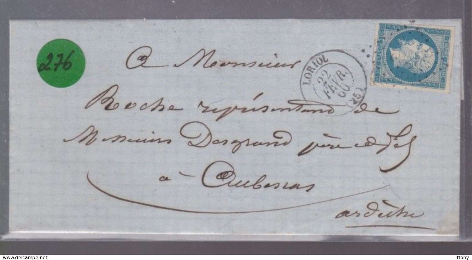 Un  Timbre  Napoléon III N° 14     20 C Bleu  Lettre  Cachet  Loriol 1860    Destination   Aubenas  Ardèche - 1853-1860 Napoléon III