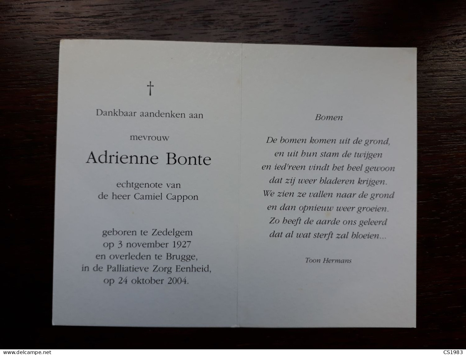Adrienne Bonte ° Zedelgem 1927 + Brugge 2004 X Camiel Cappon - Décès