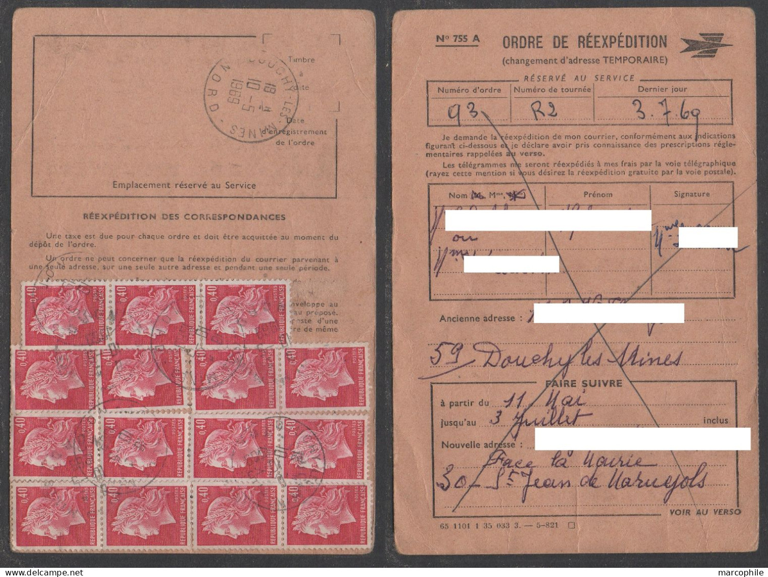 DOUCHY LES MINES - NORD - CHEFFER / 1980 ORDRE DE REEXPEDITION TEMPORAIRE - TOTAL 6.00 FRANCS (ref 5670) - 1967-1970 Marianne Of Cheffer