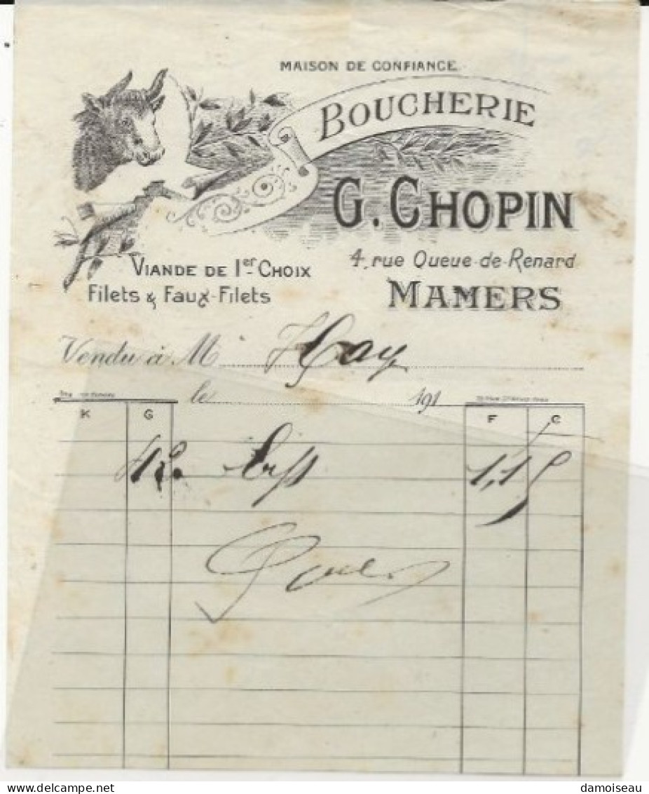 72, Mamers, Boucherie, G. Chopin, Viande De 1 Er Choix. Facture 191?. - 1900 – 1949