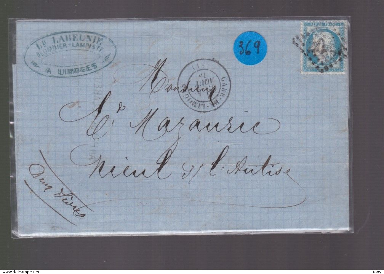 Un  Timbre  Cérès   25 C   Bleu  Lettre  Limoge    Destination    Nieul Sur L' Autise 1875 - 1871-1875 Ceres