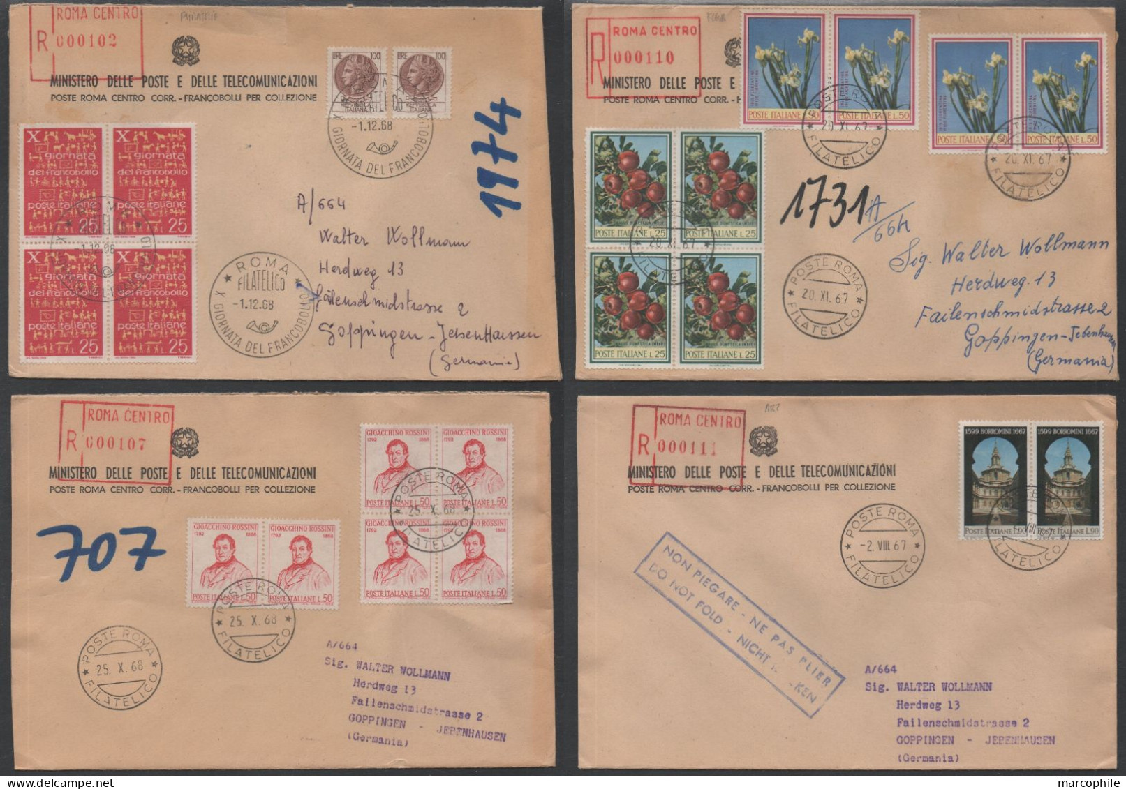 ITALIE - ITALIA - ROMA / 1967-68 - 4 LETTRES RECOMMANDEES ==> ALLEMAGNE  (ref 4219) - 1961-70: Marcophilie