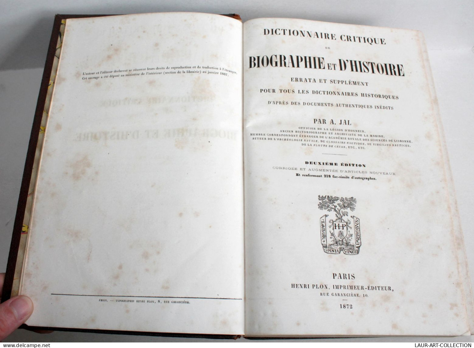 DICTIONNAIRE CRITIQUE DE BIOGRAPHIE ET D'HISTOIRE ERRATA & SUPPLEMENT / JAL 1872 / ANCIEN LIVRE XIXe SIECLE (2603.110) - Diccionarios