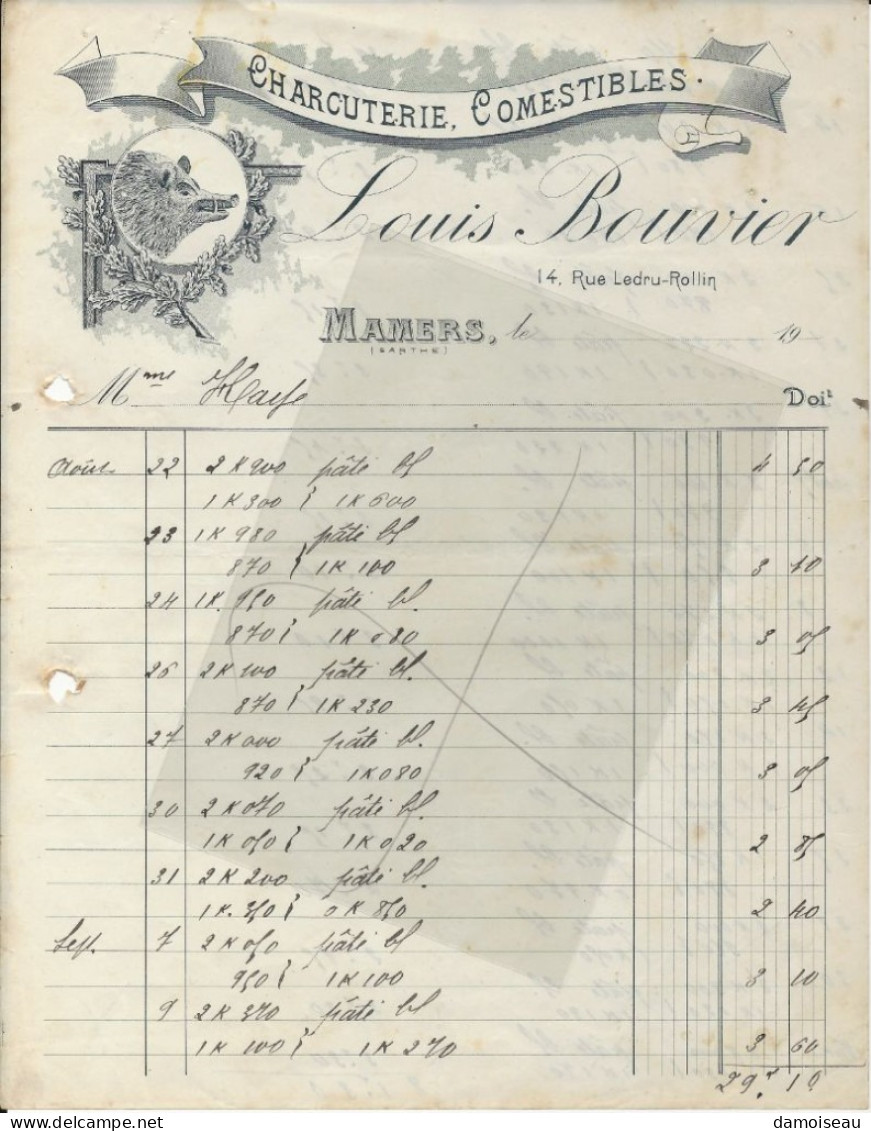 72, Mamers, Charcuterie - Comestibles, Louis Bouvier. Facture N°2,  191?. - 1900 – 1949