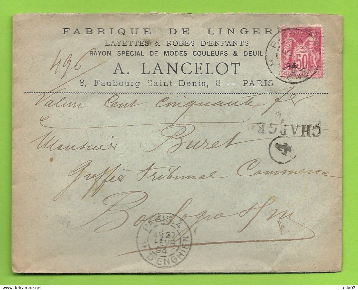 Paris 4 - R. D'ENGHIEN. FABRIQUE DE LINGERIE (LANCELOT) Pour Boulogne. Lettre Chargée. TB - 1877-1920: Période Semi Moderne