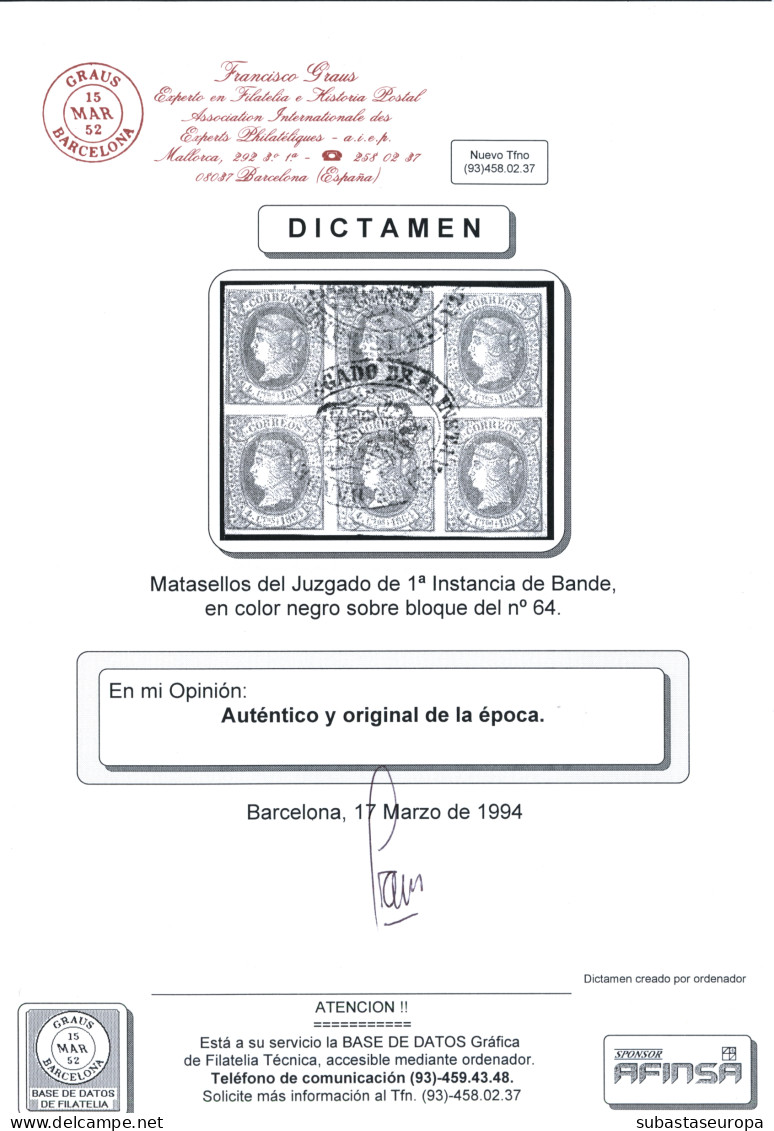 Ø 64(bloque De 6). Matasellos Juzgado De 1ª Instancia De Bande (Orense). Dictamen Graus. Raro. - Gebraucht