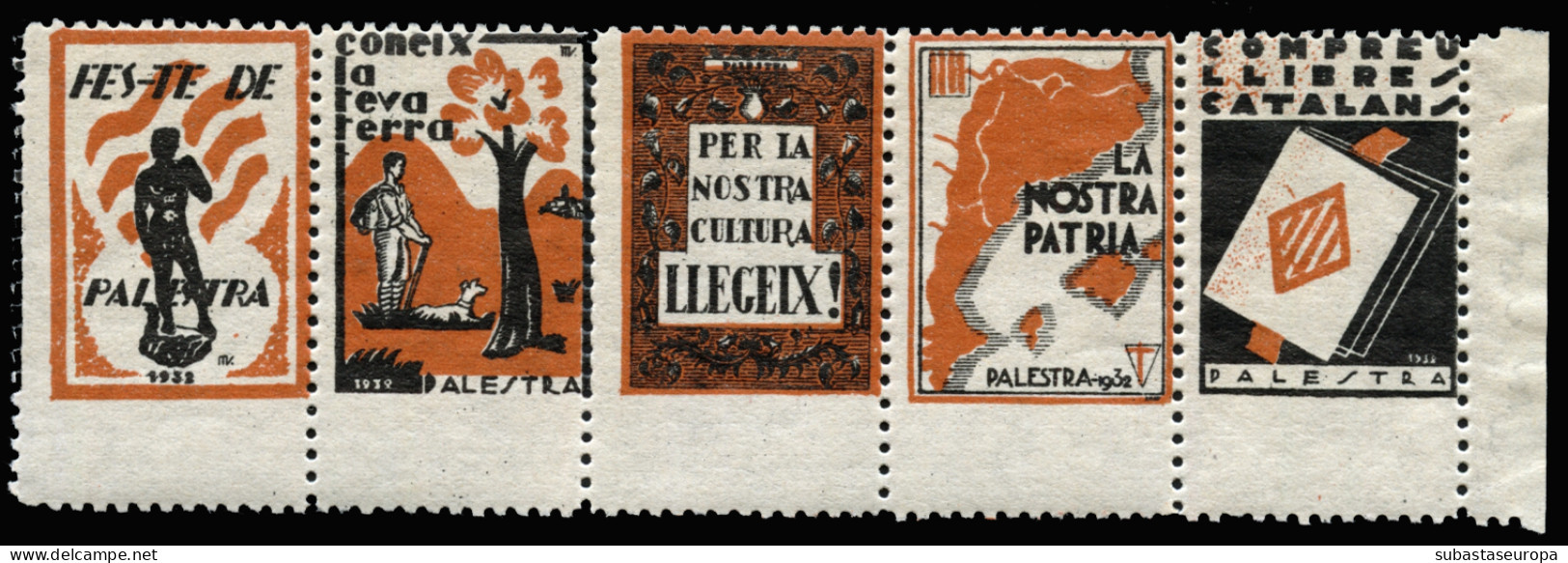 Catalunya 1932. Palestra. Tira De 5 Distintos Sellos. Borde De Hoja. **. Sin Valor Facial. Color Naranja, Negro Y Blanco - Vignettes De La Guerre Civile