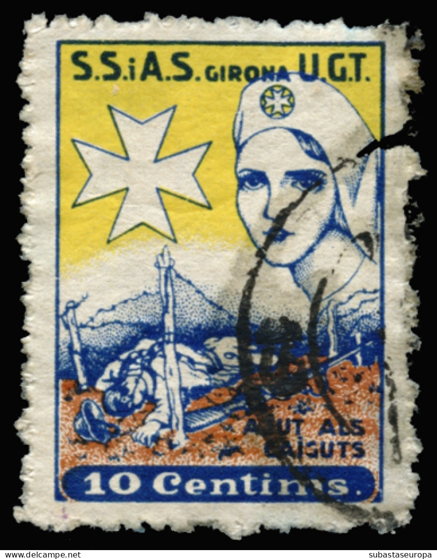 GIRONA. S.S. I A.S. UGT. Ajut Als Caiguts. 10 Cts. Color Castaño, Azul Y Amarillo. Allepuz Nº 7. Rara Pese Regular Conse - Verschlussmarken Bürgerkrieg