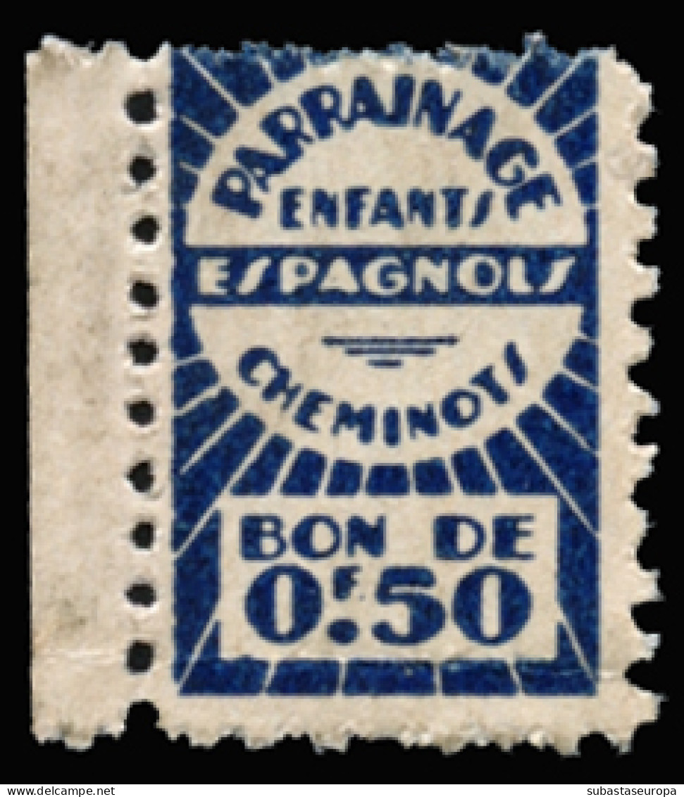 Francia. Parrainage Enfants Espagnols. Cheminots. Bon De 0.50 F. Color Azul. Borde De Hoja. No Catalogada. Muy Rara. - Vignetten Van De Burgeroorlog