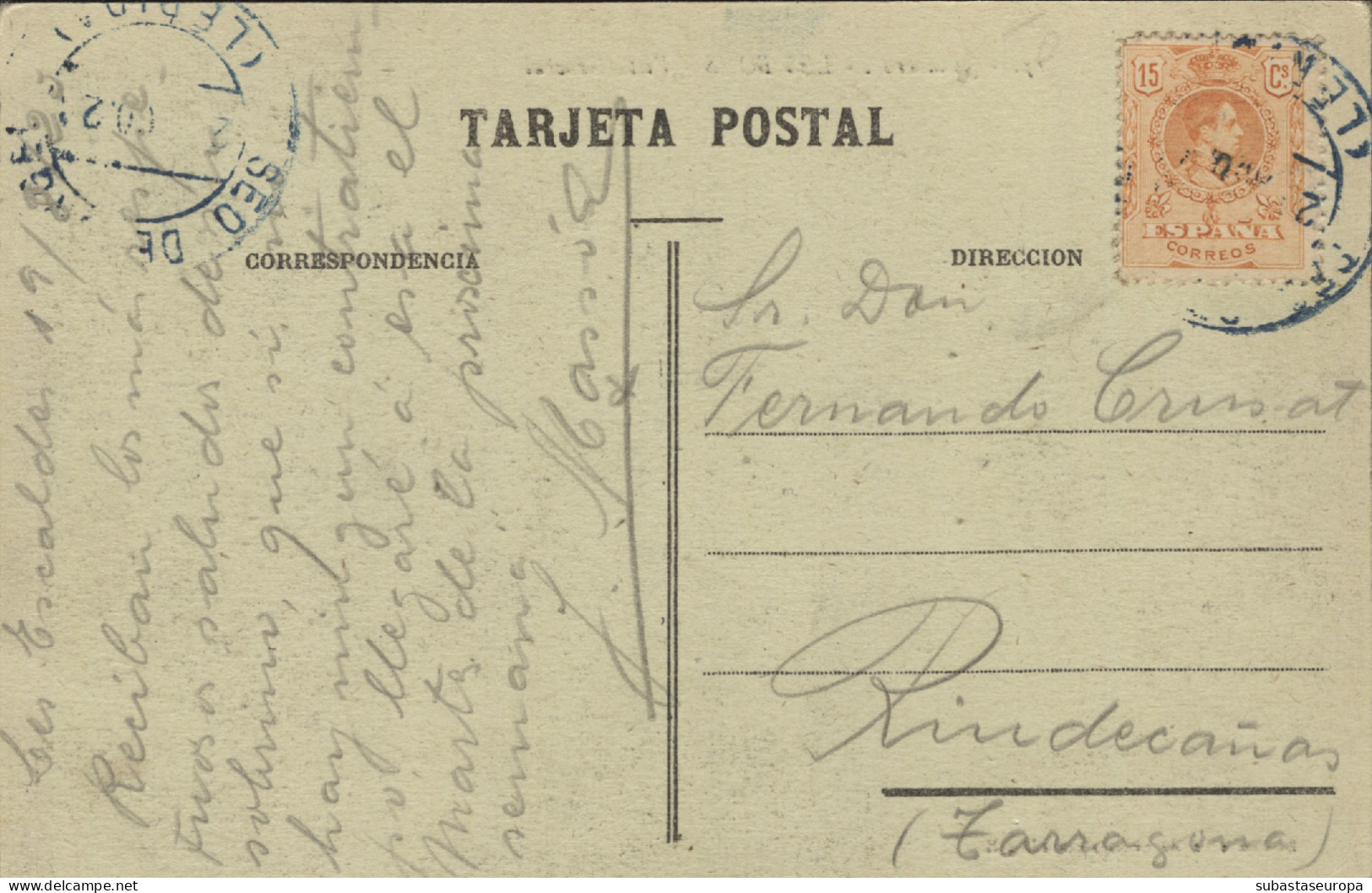 1923. Tarjeta Postal Circulada De Escaldes A Riudecañas (Tarragona). Franqueada Con Sello Español Ø 271. Matasellos Fech - Brieven En Documenten