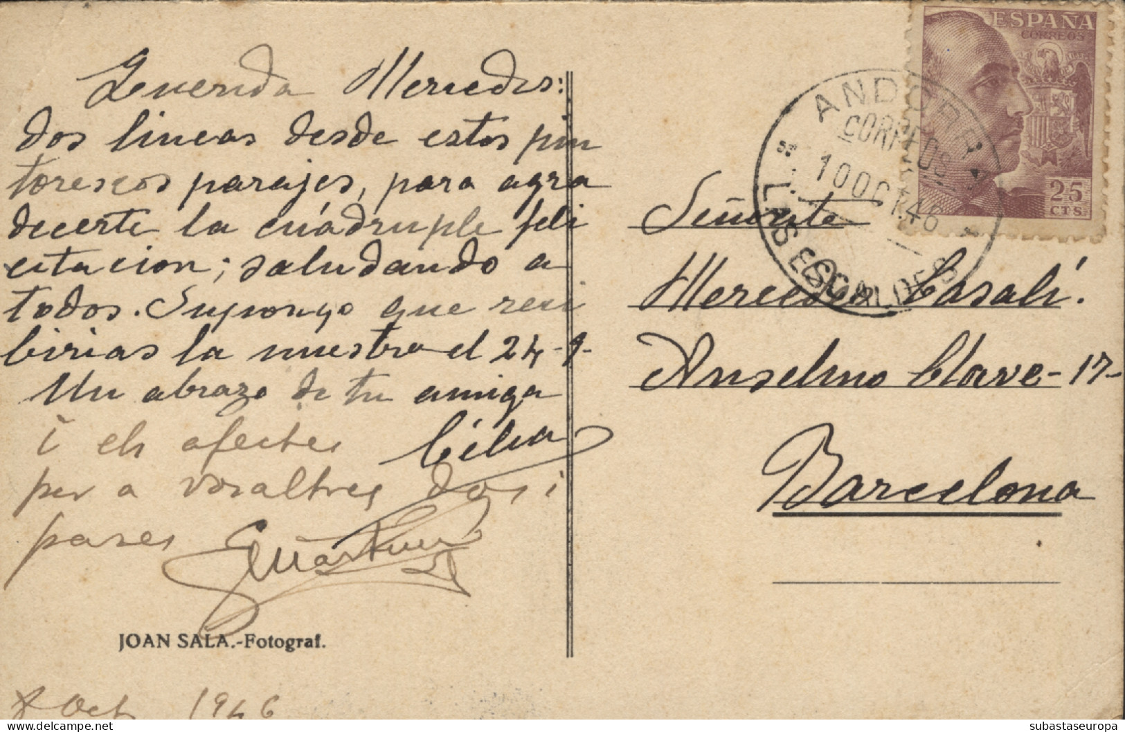 1946. Tarjeta Postal Circulada De Escaldes A Barcelona. Franqueo Español  Ø 923. Fechador "Andorra/Correos/Las Escaldes/ - Cartas & Documentos