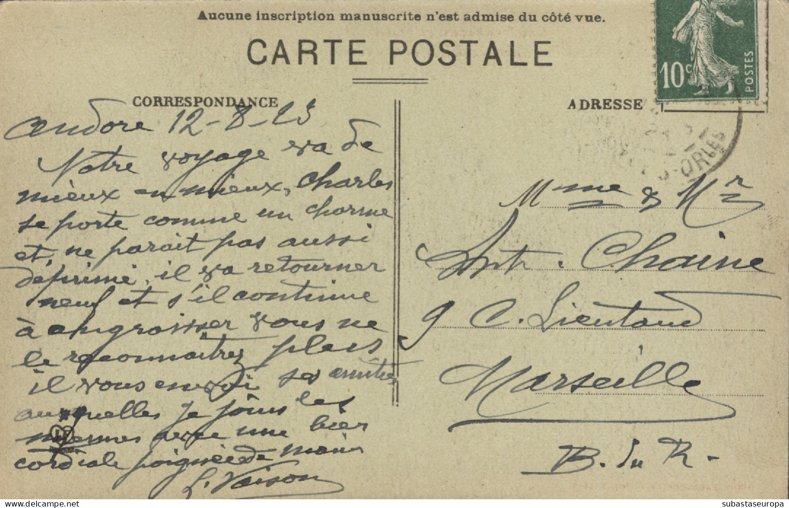 1923. T.P. Circulada De Andorra A Marsella (Francia). Franqueada Con Sello Francés De 10 Cts. (Yvert Nº 159). Matasellos - Covers & Documents