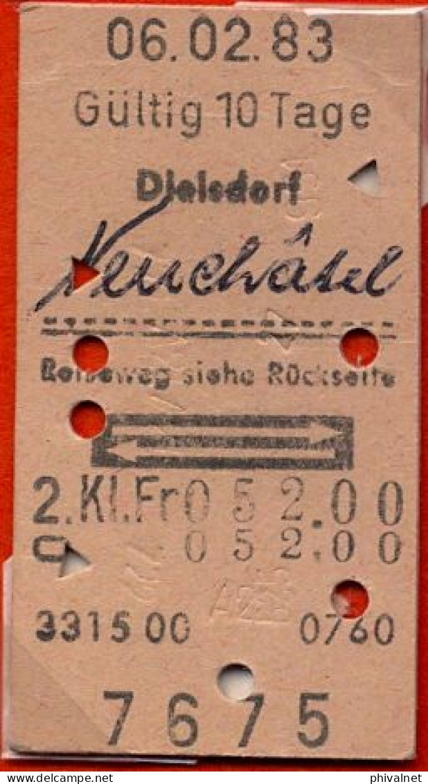 06/02/83 , DIELSDORF - NEUCHATEL , TICKET DE FERROCARRIL , TREN , TRAIN , RAILWAYS - Europa