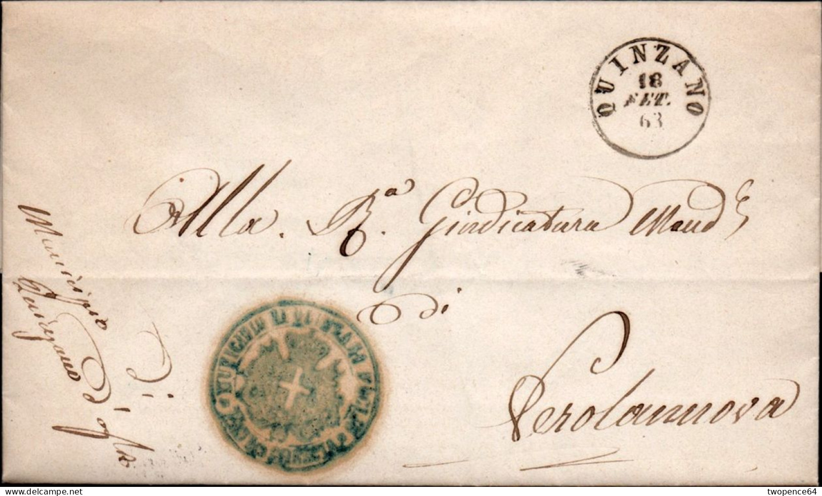 B34 - LETTERA DA QUINZANO A VEROLANUOVA 1863 - ...-1850 Préphilatélie