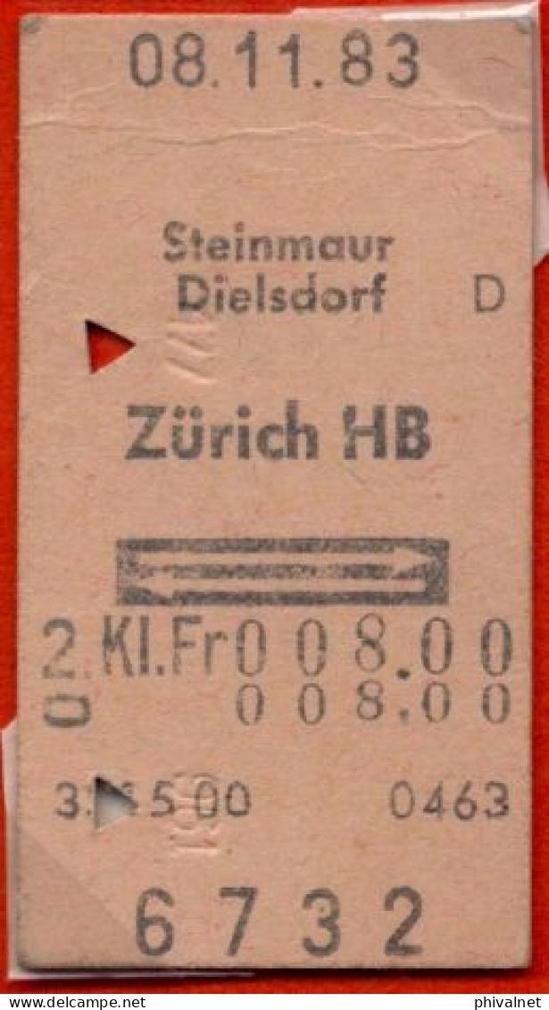 08/11/83 , STEINMAUR , DIELSDORF - ZÜRICH , TICKET DE FERROCARRIL , TREN , TRAIN , RAILWAYS - Europa