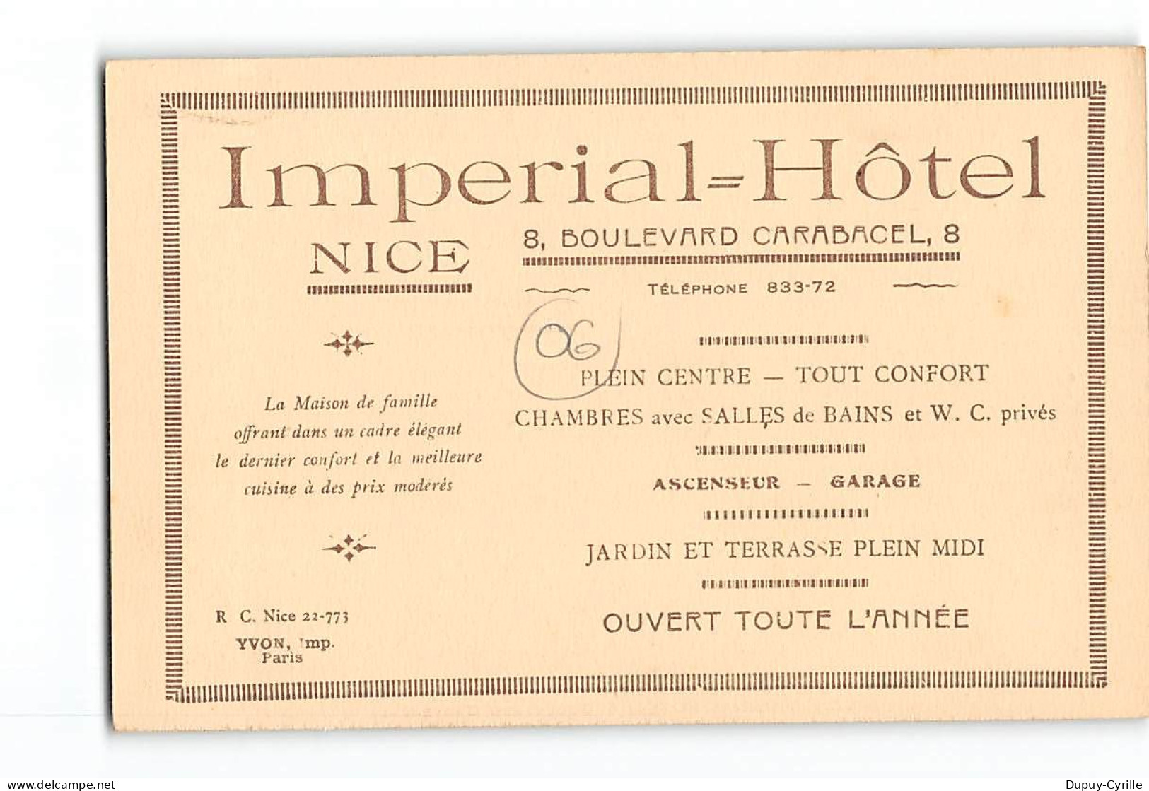 NICE - Impérial Hôtel - Boulevard Carabacel - Très Bon état - Pubs, Hotels And Restaurants