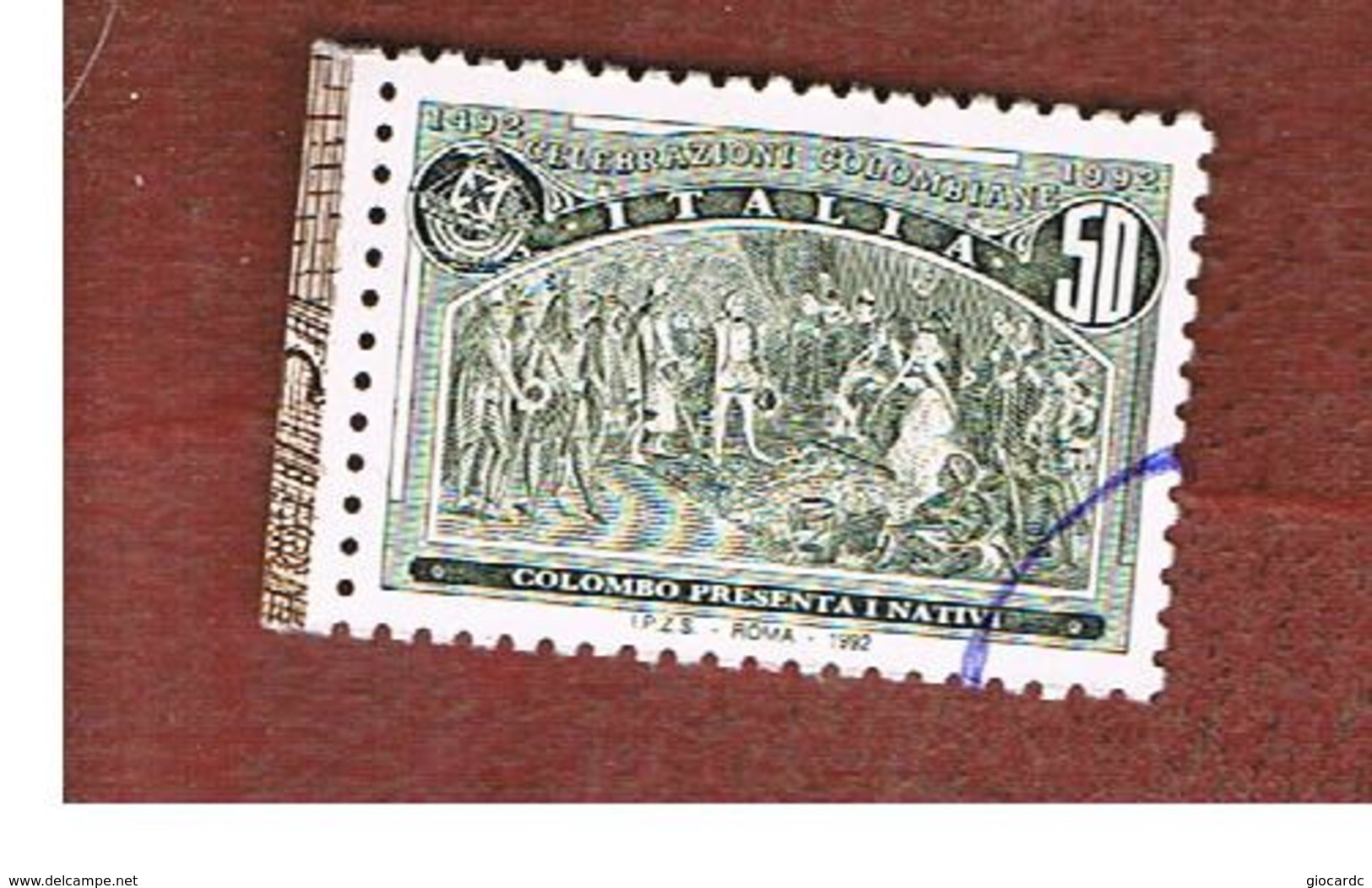 ITALIA REPUBBLICA  - UN. 2019  -  1992  GENOVA 92:  AMERICA DISCOVERY (COLOMBO CON I NATIVI)  DA BF   -   -  RIF. 31208 - 1991-00: Oblitérés