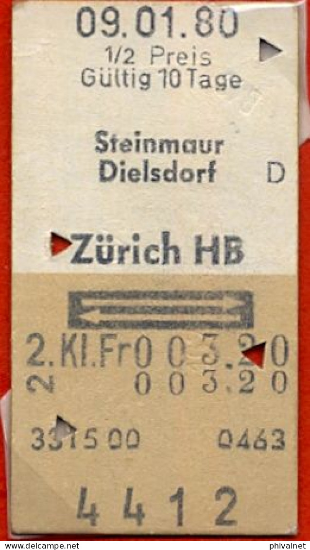 09/01/80 , STEINMAUR , DIELSDORF - ZÜRICH , TICKET DE FERROCARRIL , TREN , TRAIN , RAILWAYS - Europa