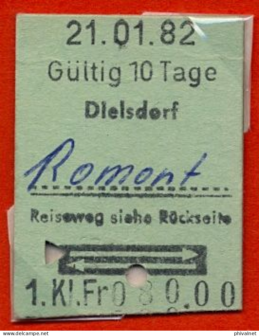 21/01/82 , DIELSDORF - ROMONT , TICKET DE FERROCARRIL , TREN , TRAIN , RAILWAYS - Europe