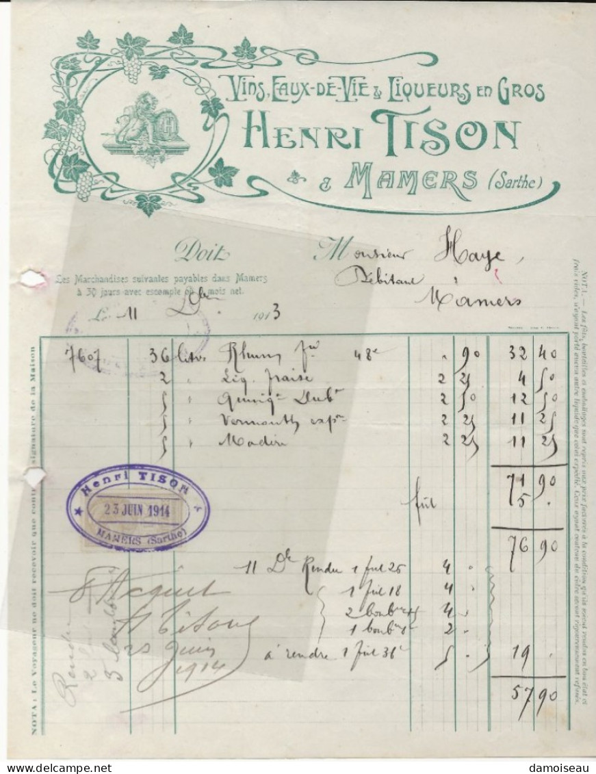 72, Mamers, Vins, Eaux De Vie & Liqueurs En Gros, Henri Tison. Facture N°2,  1913. - 1900 – 1949