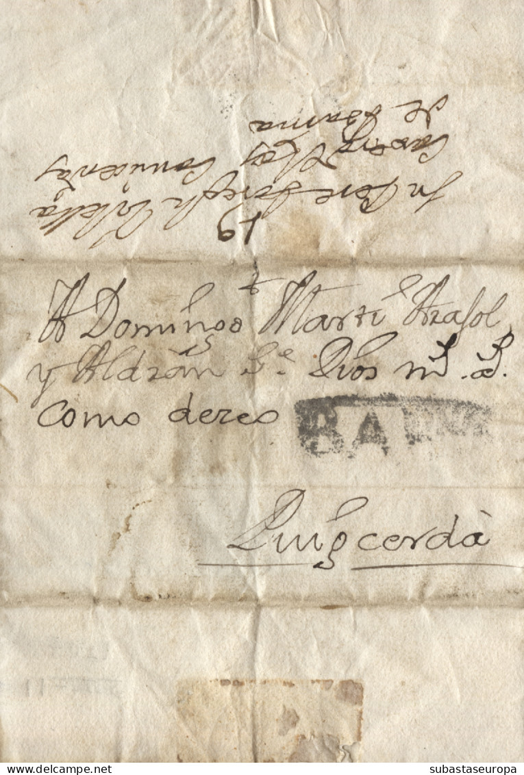 D.P. 5. 1743 (23 SEP). Carta Circulada De Barcelona A Puigcerdà. Marca Nº 19N. - ...-1850 Prefilatelia