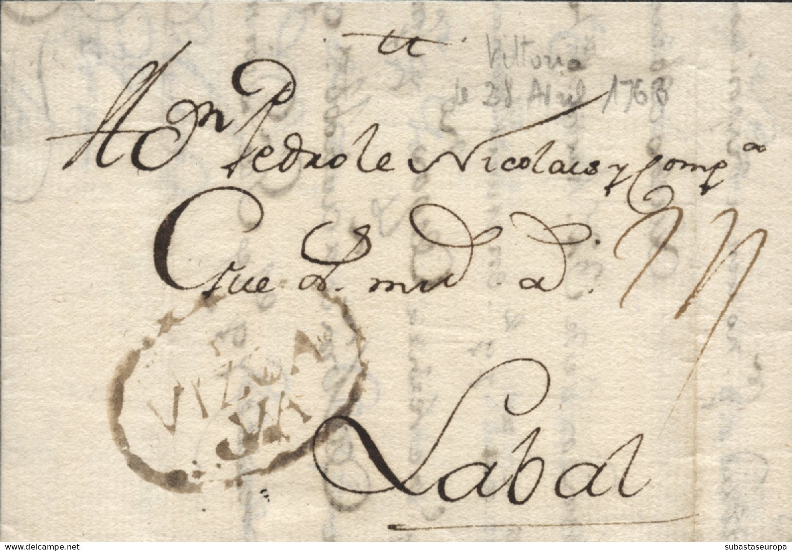 D.P. 10. 1763 (28 ABR). Carta De Vitoria A Laval (Francia). Marca Nº 7N. Rara. - ...-1850 Prefilatelia