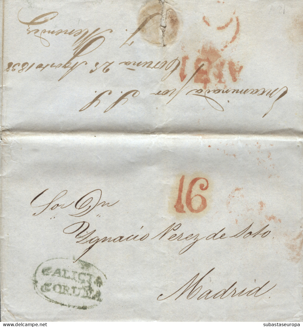 D.P. 16. 1838. Carta De Habana A Madrid. Fechador De La Coruña 11V. Al Dorso Manuscrito "Encaminada Por S.S. - Coruña -  - ...-1850 Prephilately