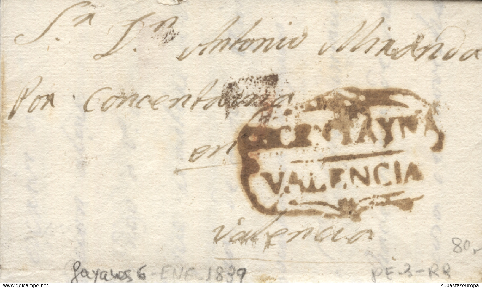 D.P. 19. 1839 (6 ENE). Carta De Gayanes (Alicante) A Valencia. Marca 3R De Cocentaina, Porteo 7. Muy Rara. - ...-1850 Prefilatelia