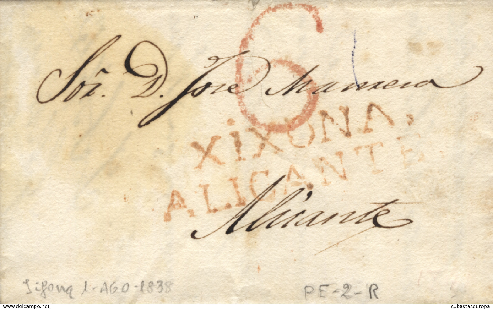 D.P. 20. Carta De Jijona A Alicante. Marca Nº 2R Y Porteo. - ...-1850 Prephilately