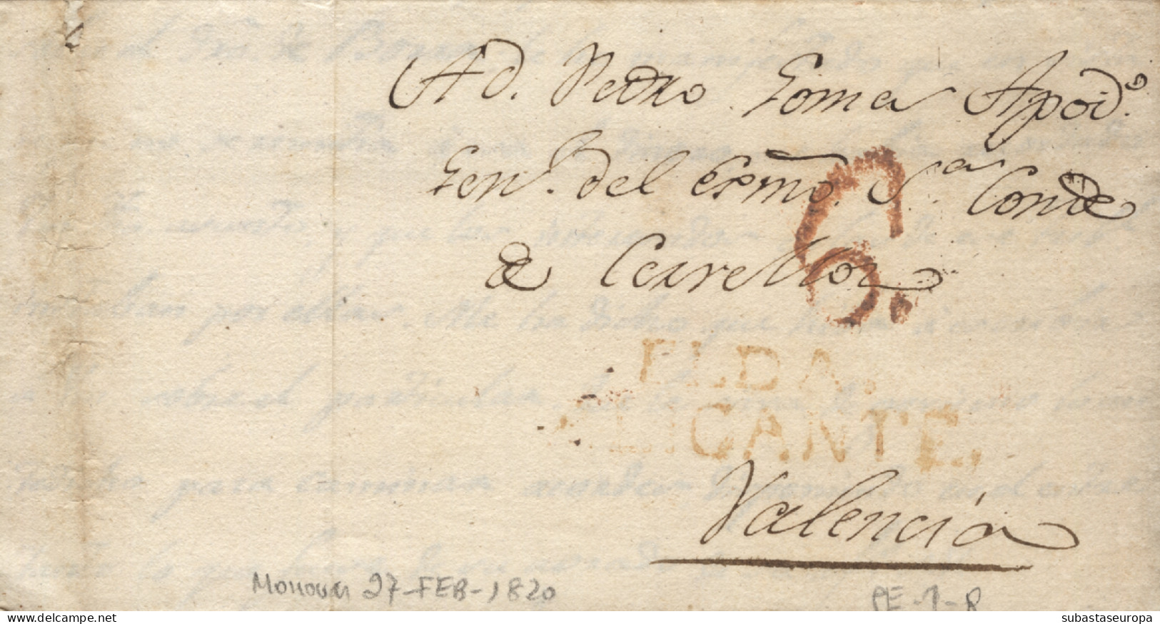 D.P. 20. 1820 (27 FEB). Carta De Monovar A Valencia. Marca De Elda Nº 1R. Porteo 6. - ...-1850 Prephilately