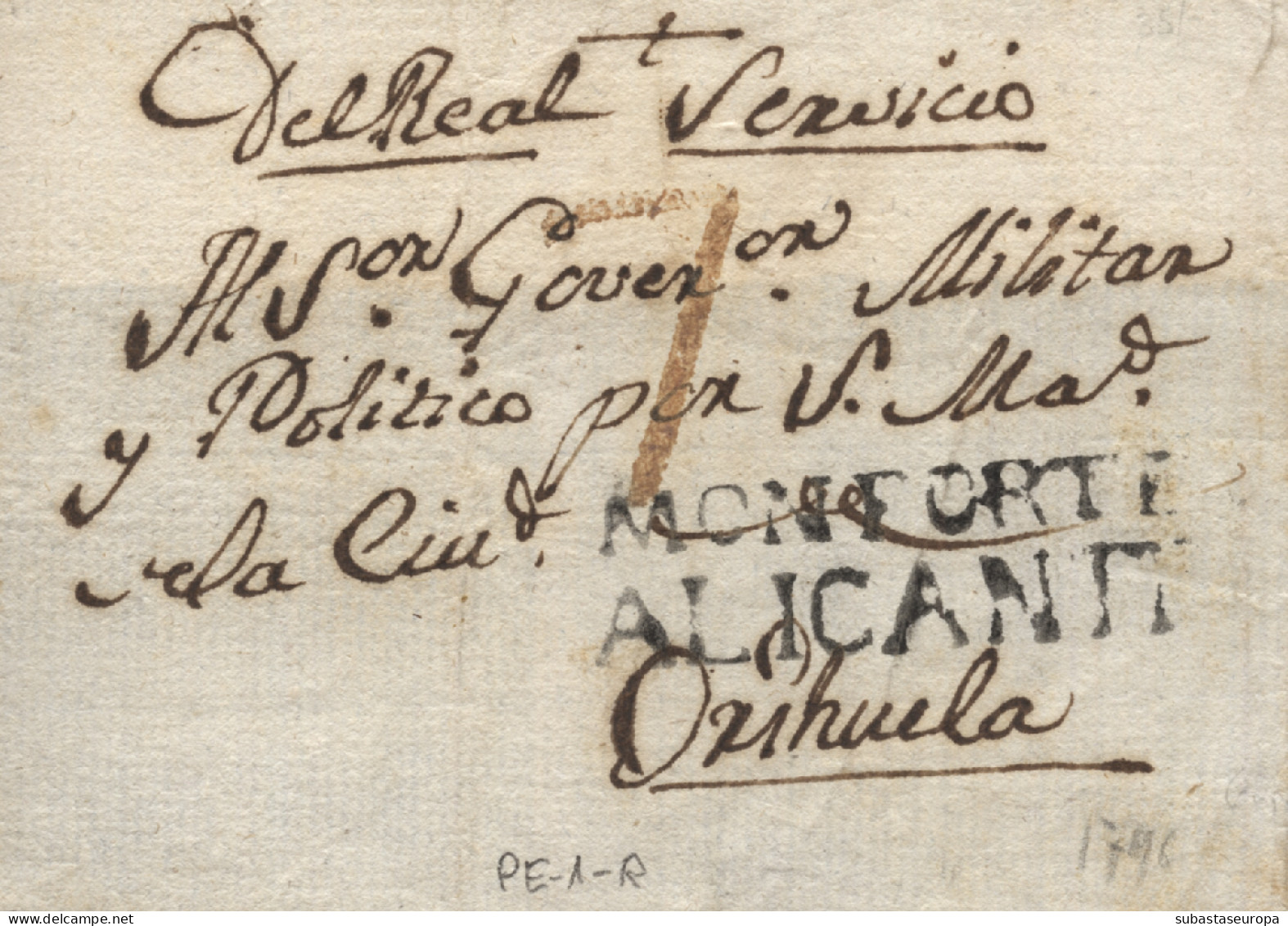 D.P. 20. Frontal De Monforte A Orihuela. Marca Nº 1N. Porteo 7. Rara. - ...-1850 Prephilately