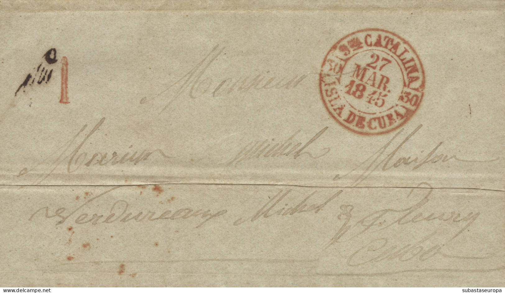 D.P. 30. 1845 (23 MAR). Carta De Santa Catalina A Santiago. Fechador Baeza En Rojo Nº 2R. Lujo. - ...-1850 Prephilately