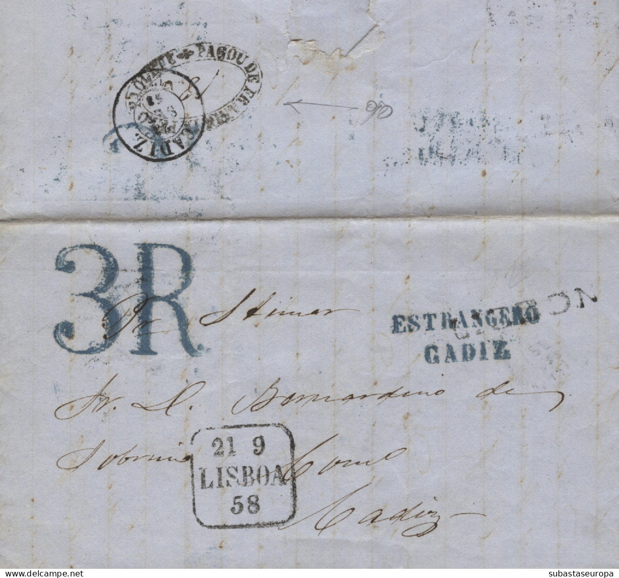 1858. Carta De Marina Grande A Cádiz. Marca "PAGOU DE FRANQUIA", Fechador Lisboa, Estrangero Cádiz En Azul Y Fechador De - Covers & Documents