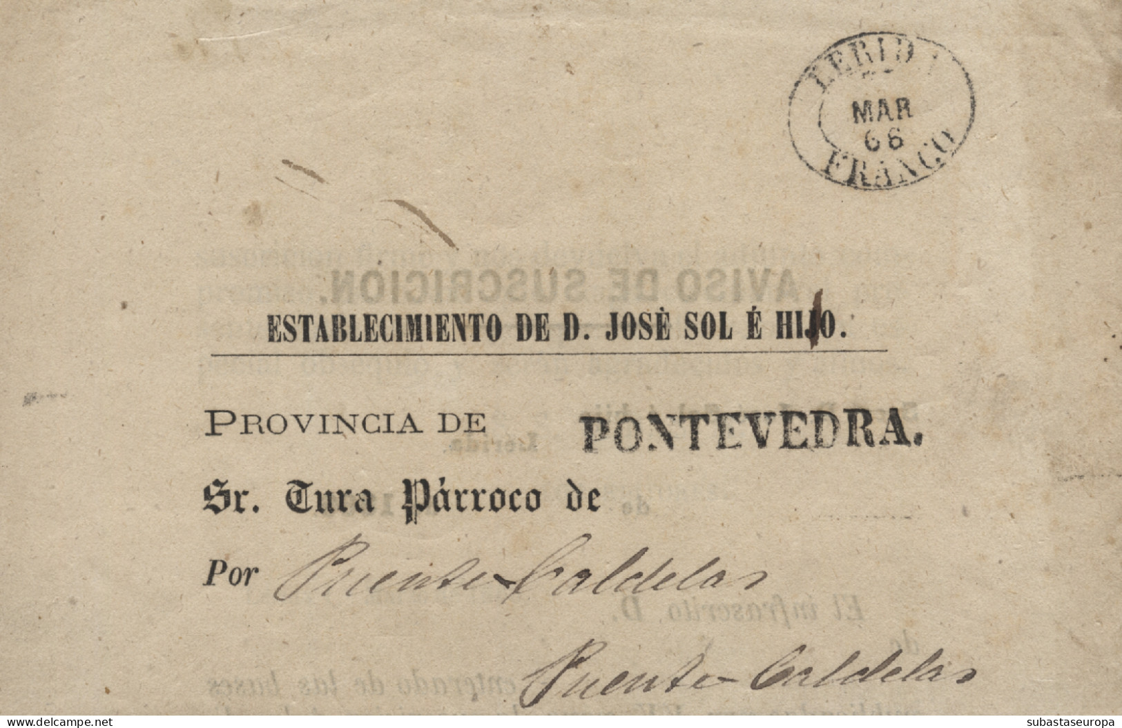 Impreso Circulado De Lleida A Puentecaldelas (Pontevedra). Marca "LÉRIDA / MAR 66 / FRANCO". Rara. - Covers & Documents