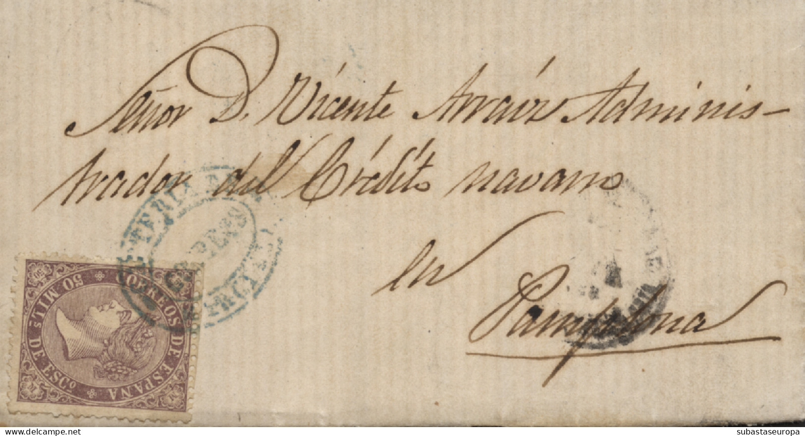 1868. Ø 98 En Carta De Falces A Pamplona. Marca De Cartería "DE/CORREOS / MURCIA" En Azul. Rara. - Covers & Documents