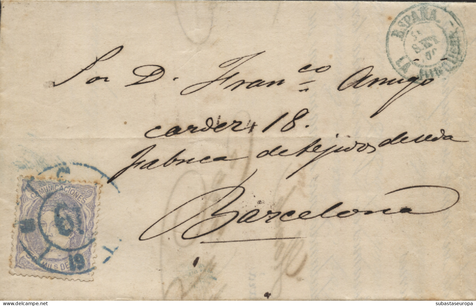 Ø 107 En Carta De La Junquera A Barcelona, El 21/9/1870. Mat. R.C. 61 En Azul. Preciosa. - Cartas & Documentos