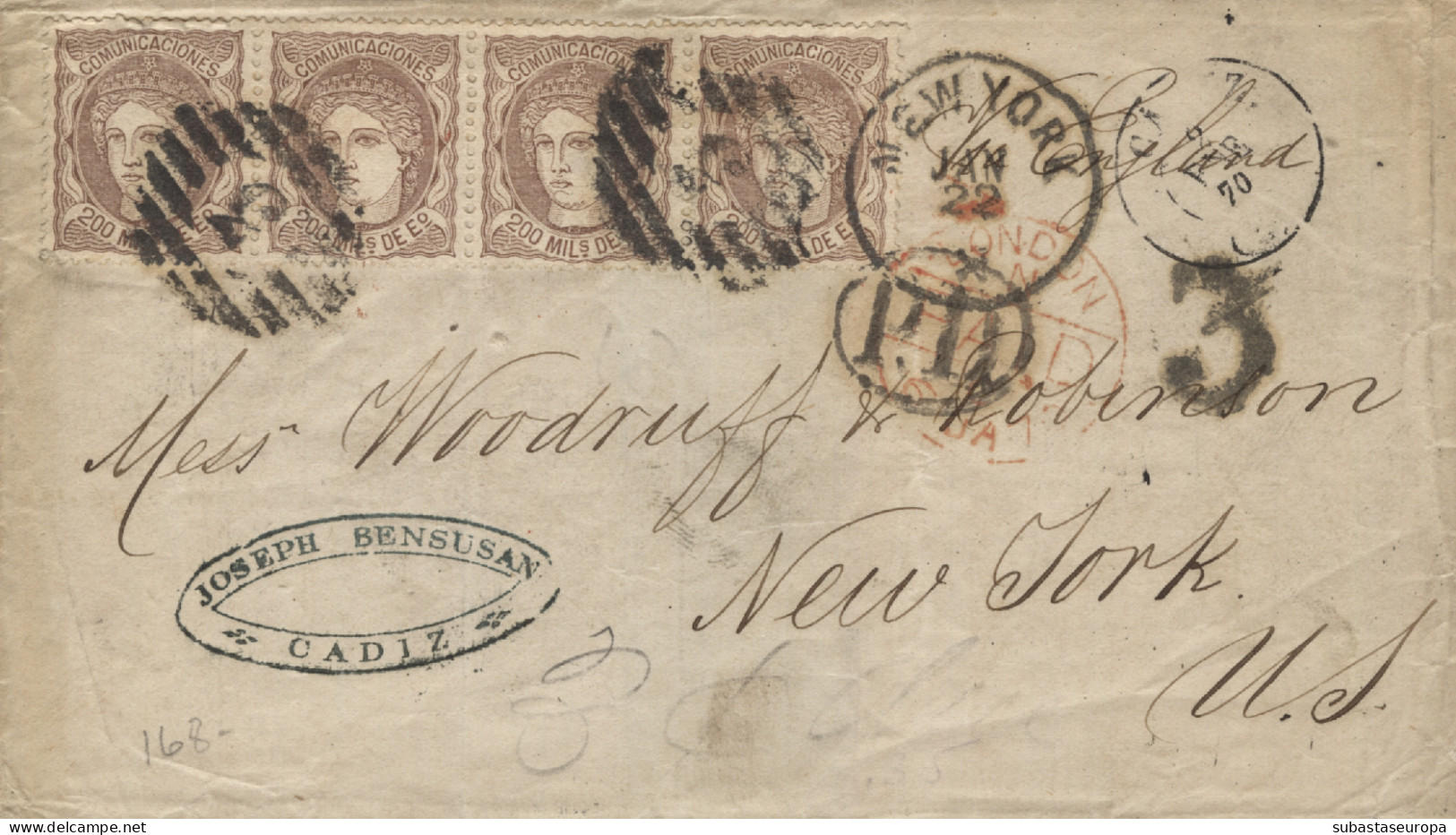 Ø 109 (tira De 4) En Carta De Cádiz A Nueva York, El Año 1870. Doble Porte. Tasada A La Llegada. Rara. - Storia Postale