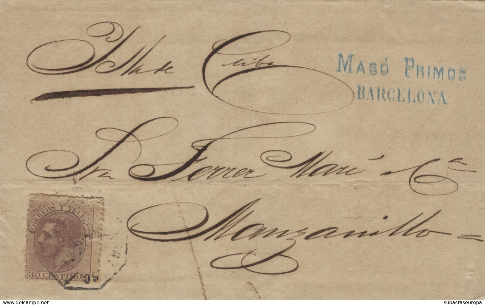 Ø 211. 1884. Carta Circulada De Barcelona A Manzanillo (Cuba). Matasellos Ambulante. Al Dorso Matasellos De Llegada De S - Lettres & Documents