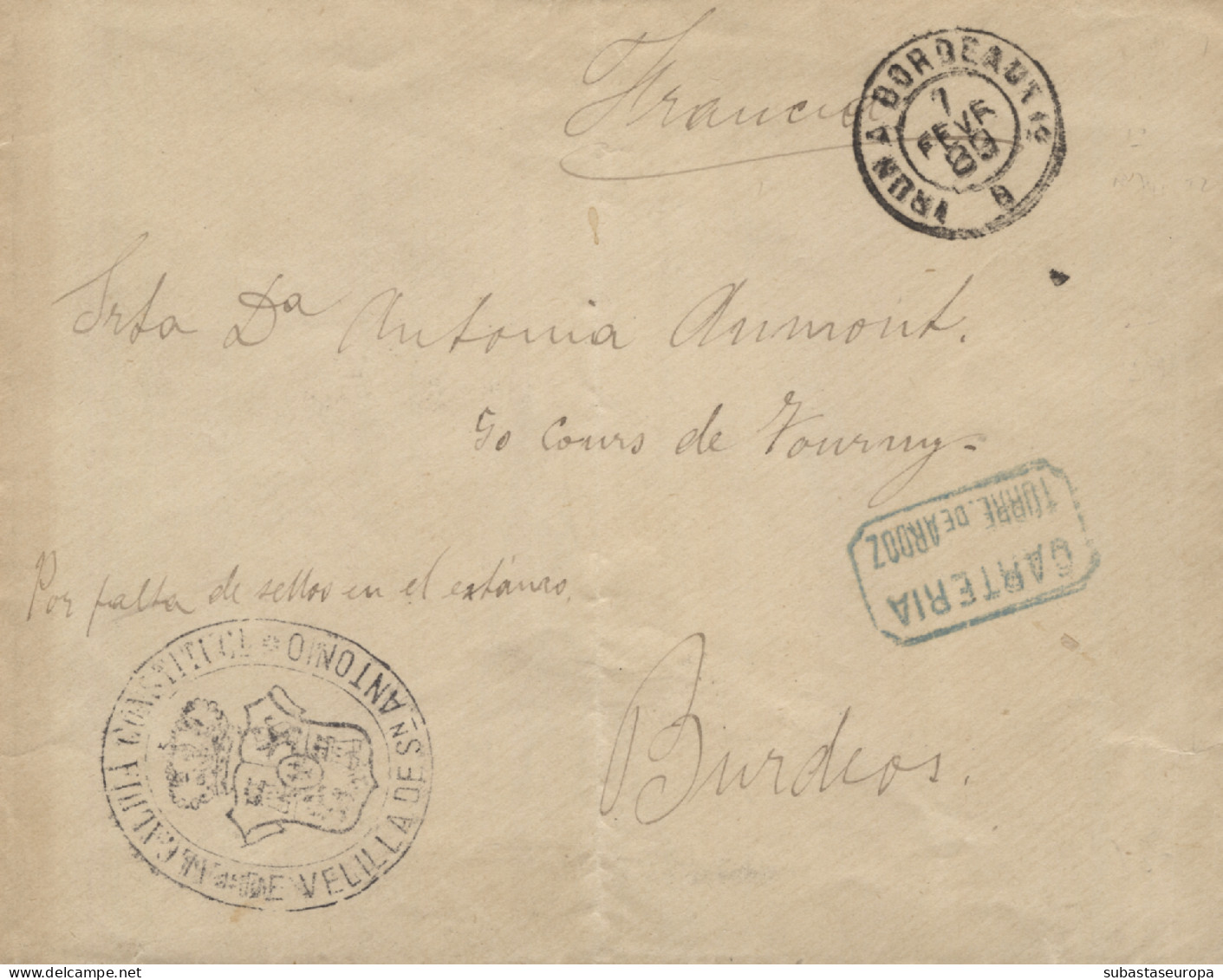 Carta De Velilla De San Antonio A Burdeos (Francia), El 7/2/1889. Marca De La Alcaldía Y "Cartería / Torrejón De Ardoz"  - Briefe U. Dokumente