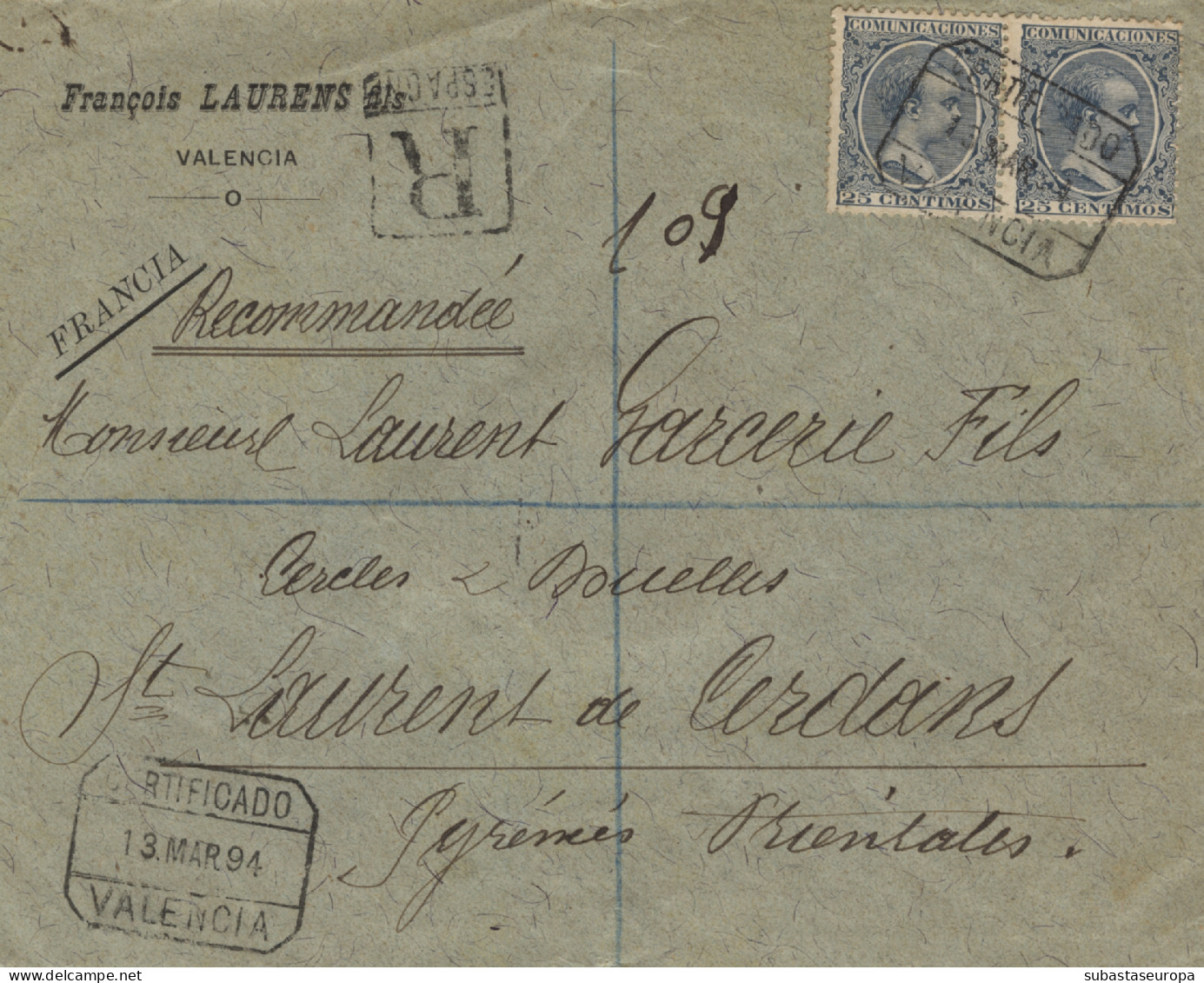 1894. Ø 221(2) En Carta Certificada De Valencia A Francia. Preciosa. - Brieven En Documenten