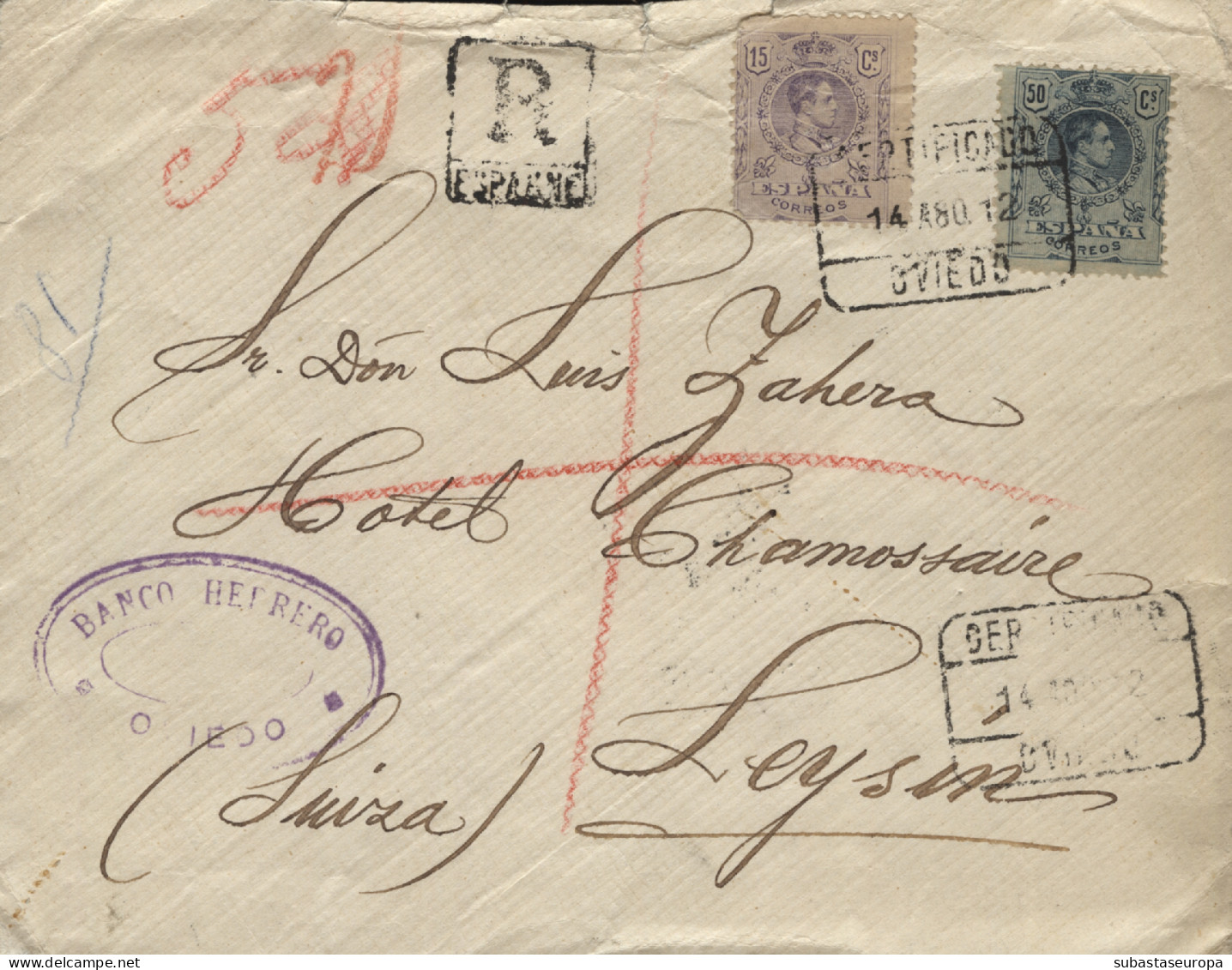 Preciosa Carta Certificada De Oviedo A Suiza. Año 1912. Rara. - Briefe U. Dokumente