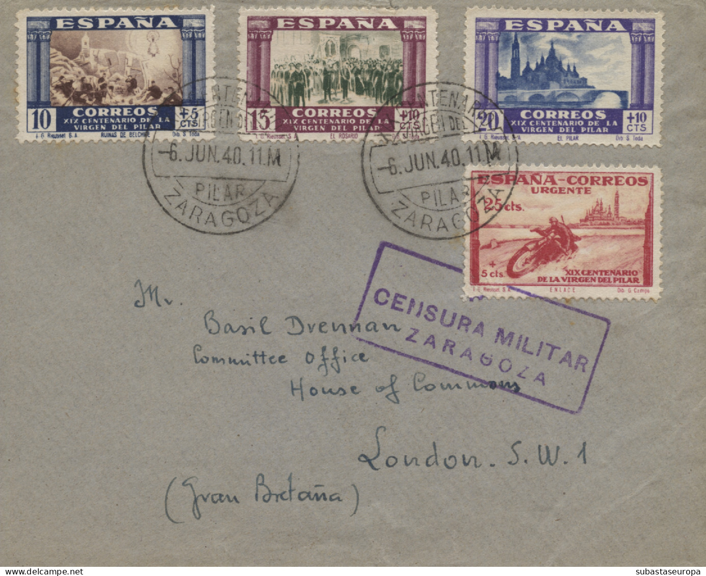 Bonita Carta Circulada Con 4 Sellos De La Emisión Del Pilar, Año 1940. - Covers & Documents