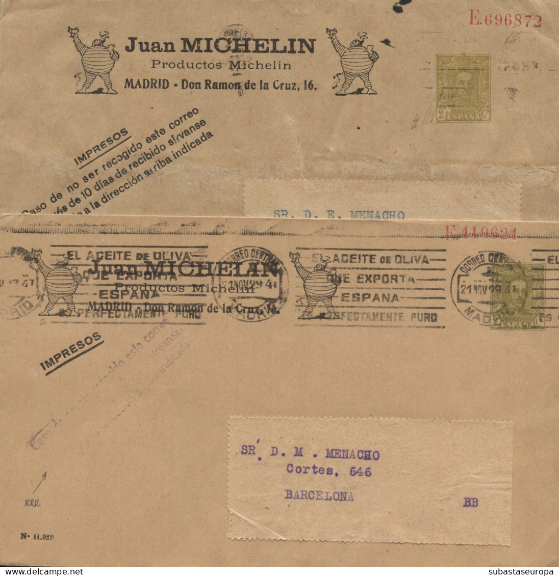 1929/1930. 2 Sobres Entero Postal De 2 Cts. Empresa Juan Michelín De Madrid. Rarísimos. - 1850-1931